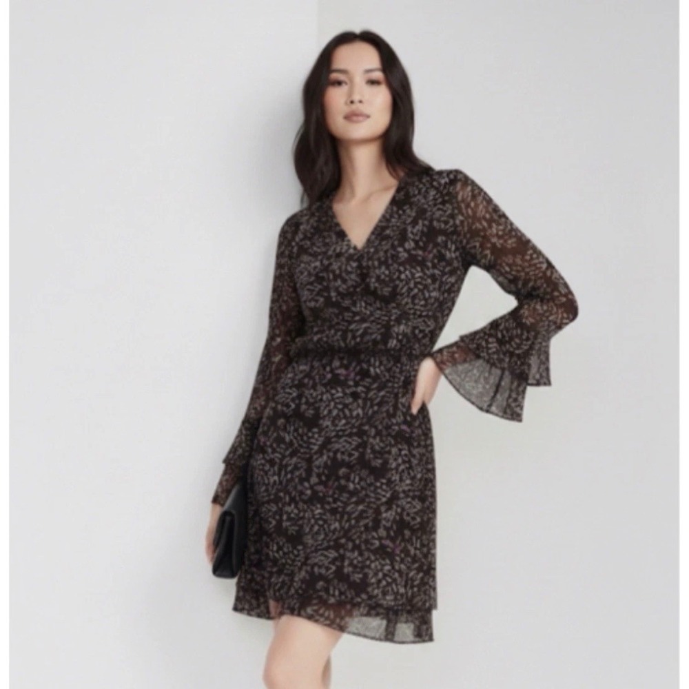 White House Black Market Dress 4 Boho Black Pink Abstract Bell Sleeve Mini